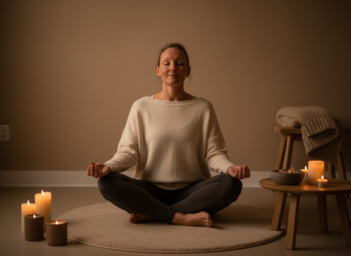 Elena Scherschneva im Lotussitz – Selbstfürsorge und klare Grenzen in der psychosozialen Beratung